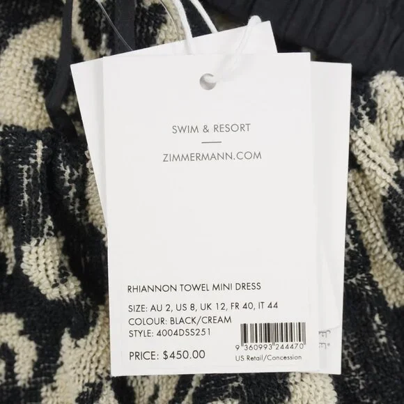Zimmermann Rhiannon Cotton Terry Mini Dress in Black/Cream Size US 8 (NWT) - Picture 10 of 12